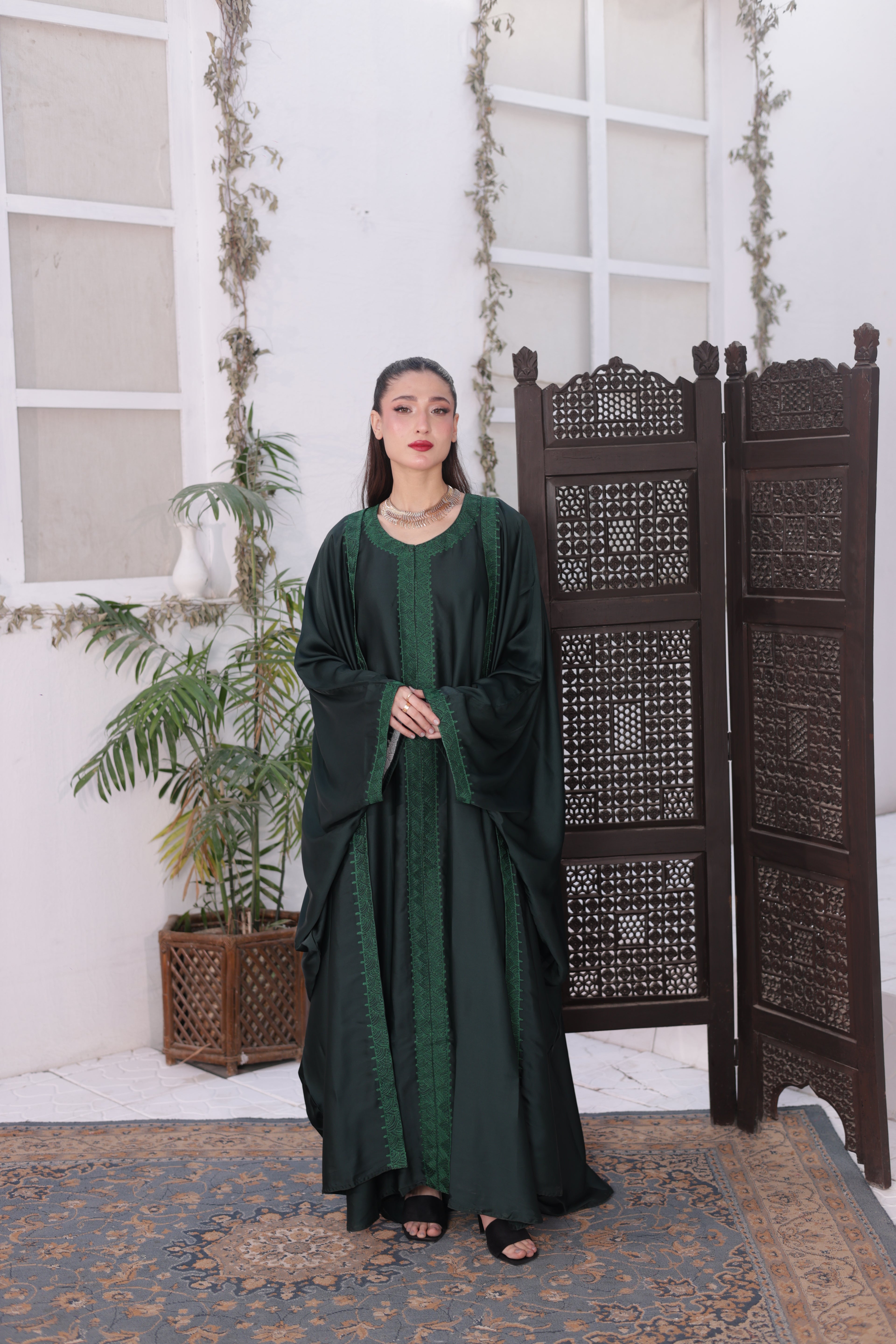 Ember Green Pure Silk Embroidered Abaya