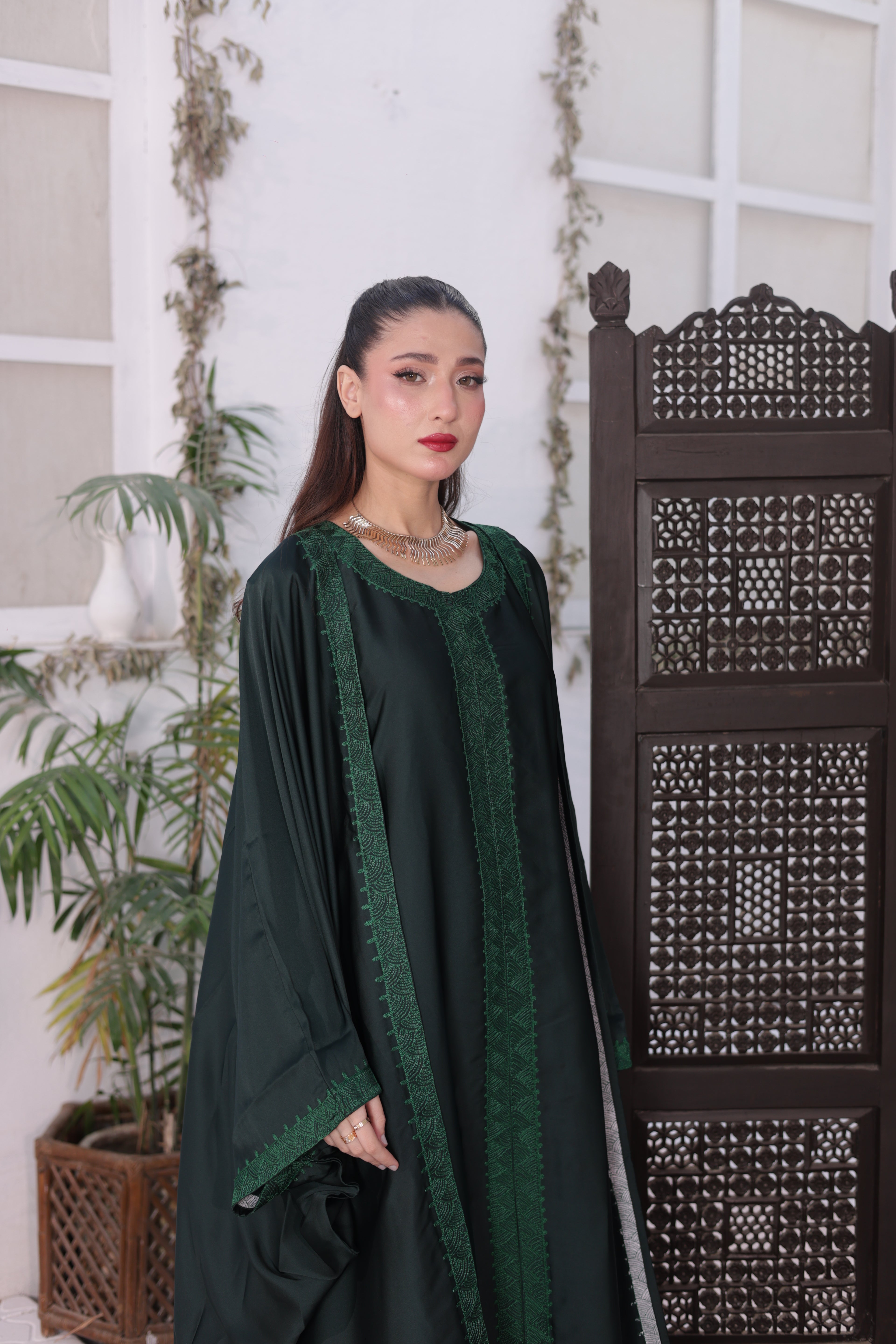 Ember Green Pure Silk Embroidered Abaya