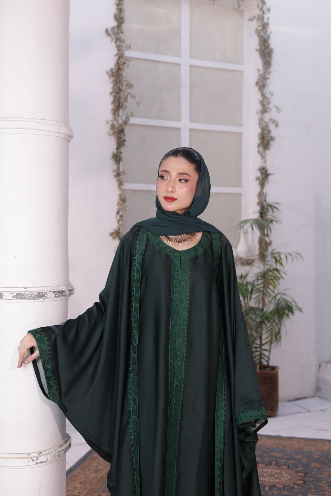 Ember Green Pure Silk Embroidered Abaya