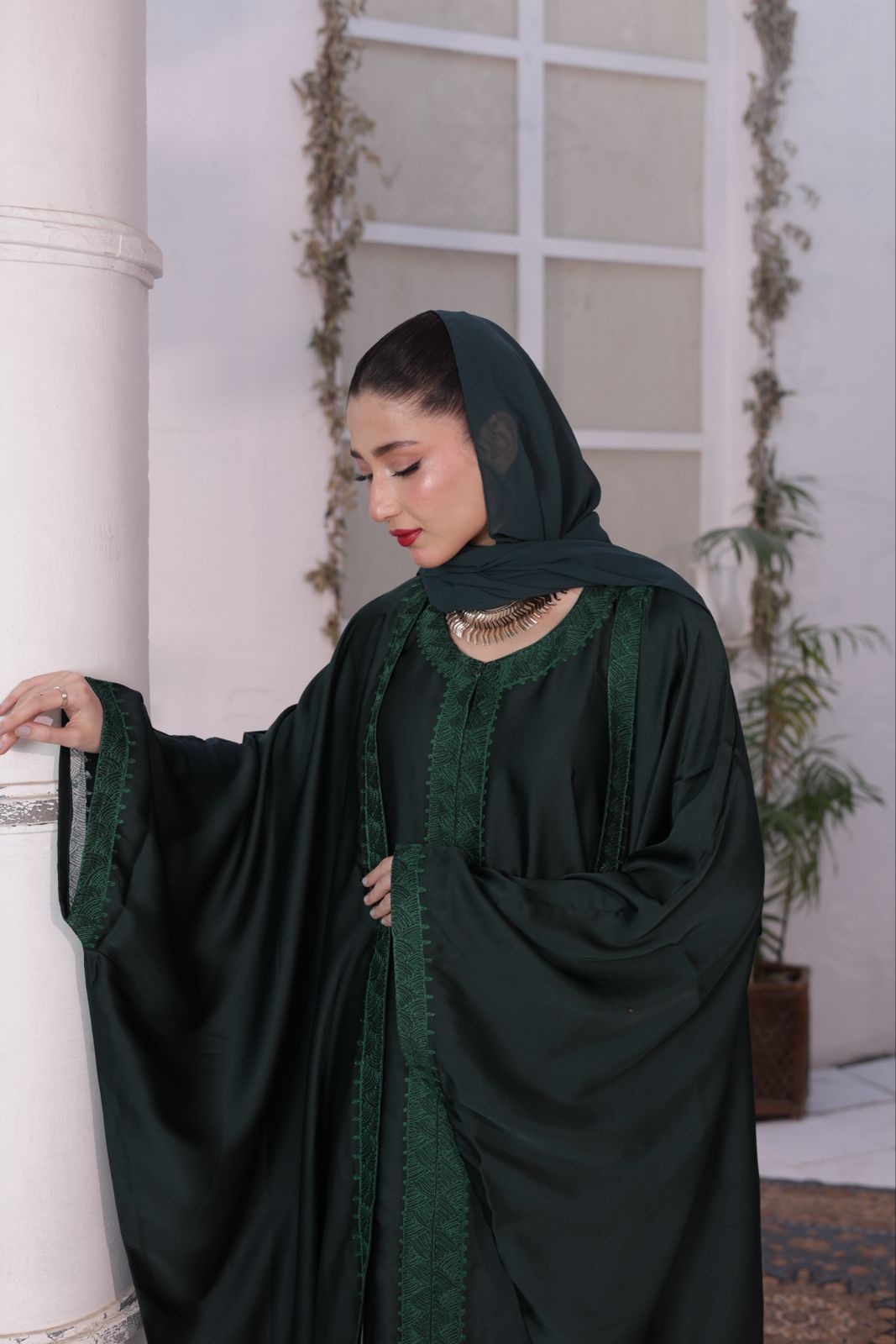 Ember Green Pure Silk Embroidered Abaya